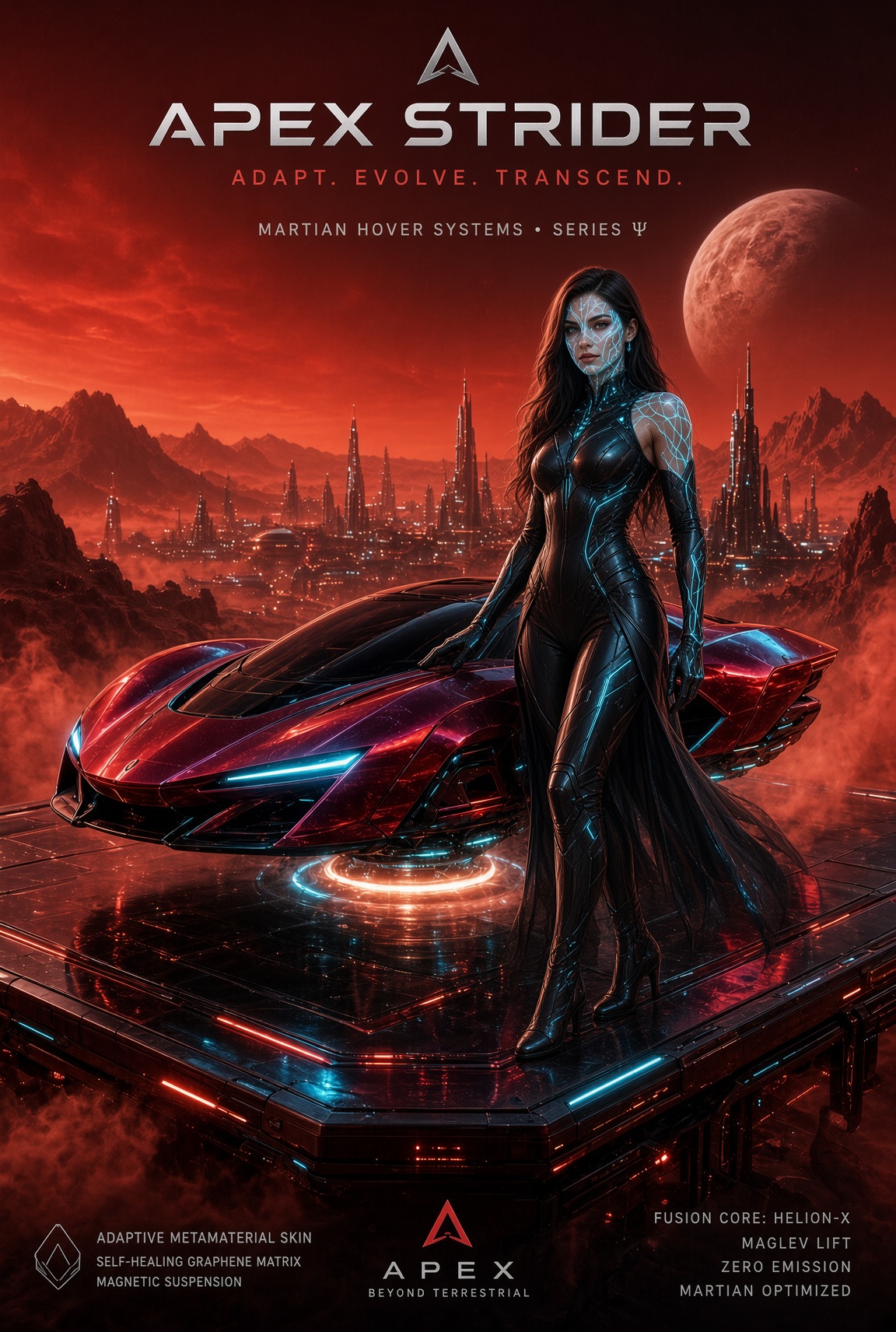 Woman in circuit bodysuit posing in front of a hover car